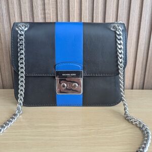 Michael Kors Black Leather Crossbody with Bright Blue Center Stripe